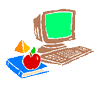 Computer, book, and apple